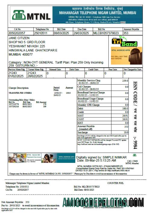 imprimível Modelo de conta de serviços públicos da Índia Mahanagar Phone Nigam Limited em formatos Word e PDF